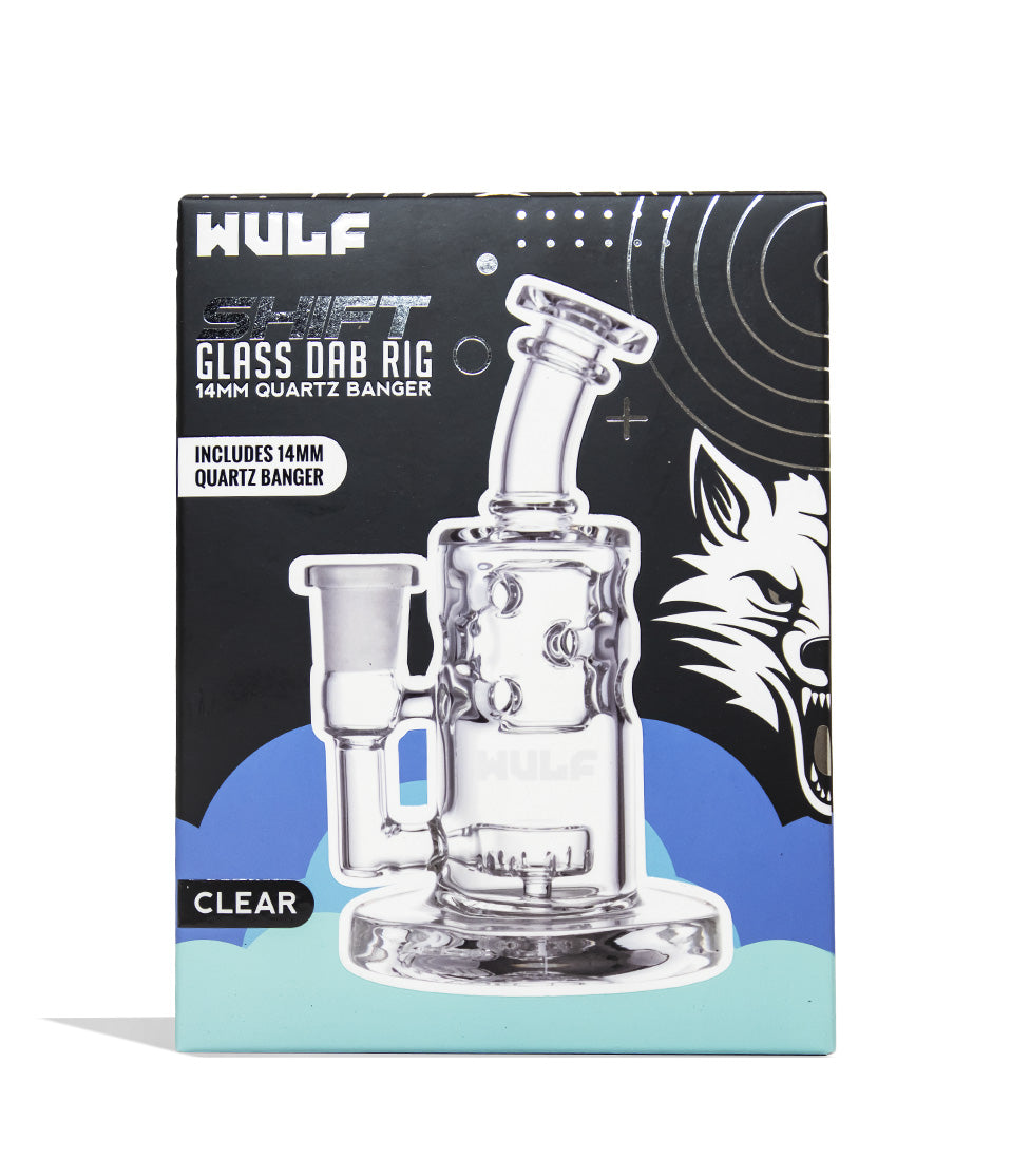 Clear Wulf Mods Shift 14mm Dab Rig with Quartz Banger Packaging Front View on White Background